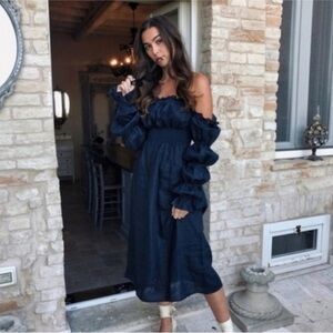 SLEEPER Michelin Navy Dress 100% Linen midi length